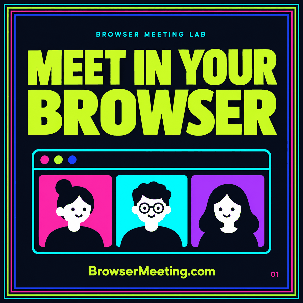Browser meeting invitation and video window on a neon card labeled Join Without Downloads.