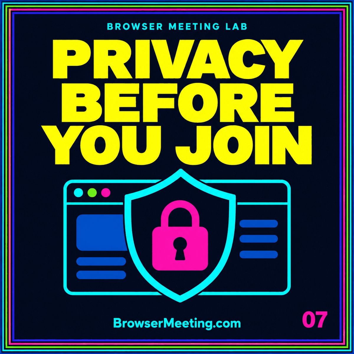 Neon typography card reading Private Meeting Checklist with a lock symbol and BrowserMeeting.com branding.