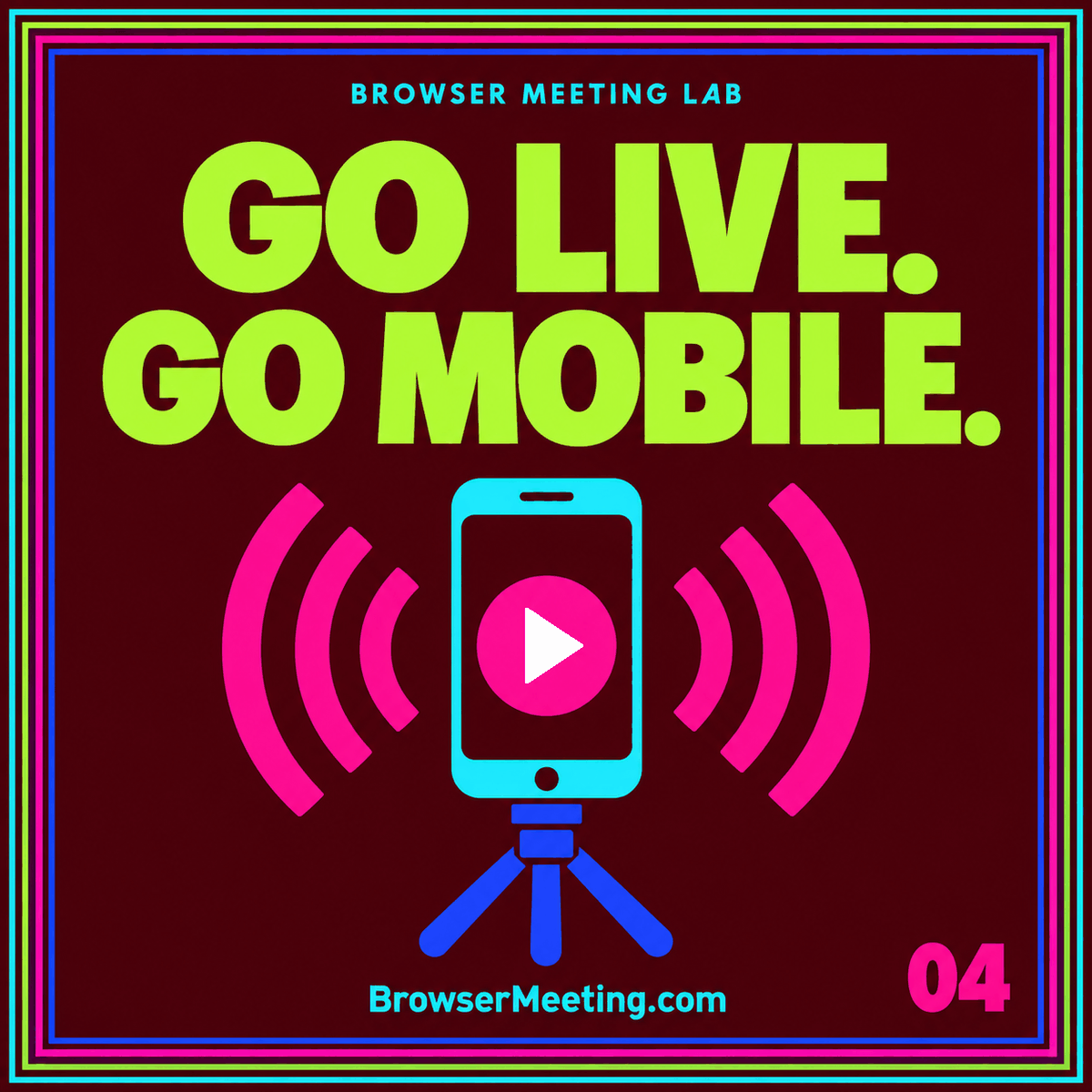 A smartphone on a tripod with bold neon broadcast graphics and the headline Phone. Camera. Live.